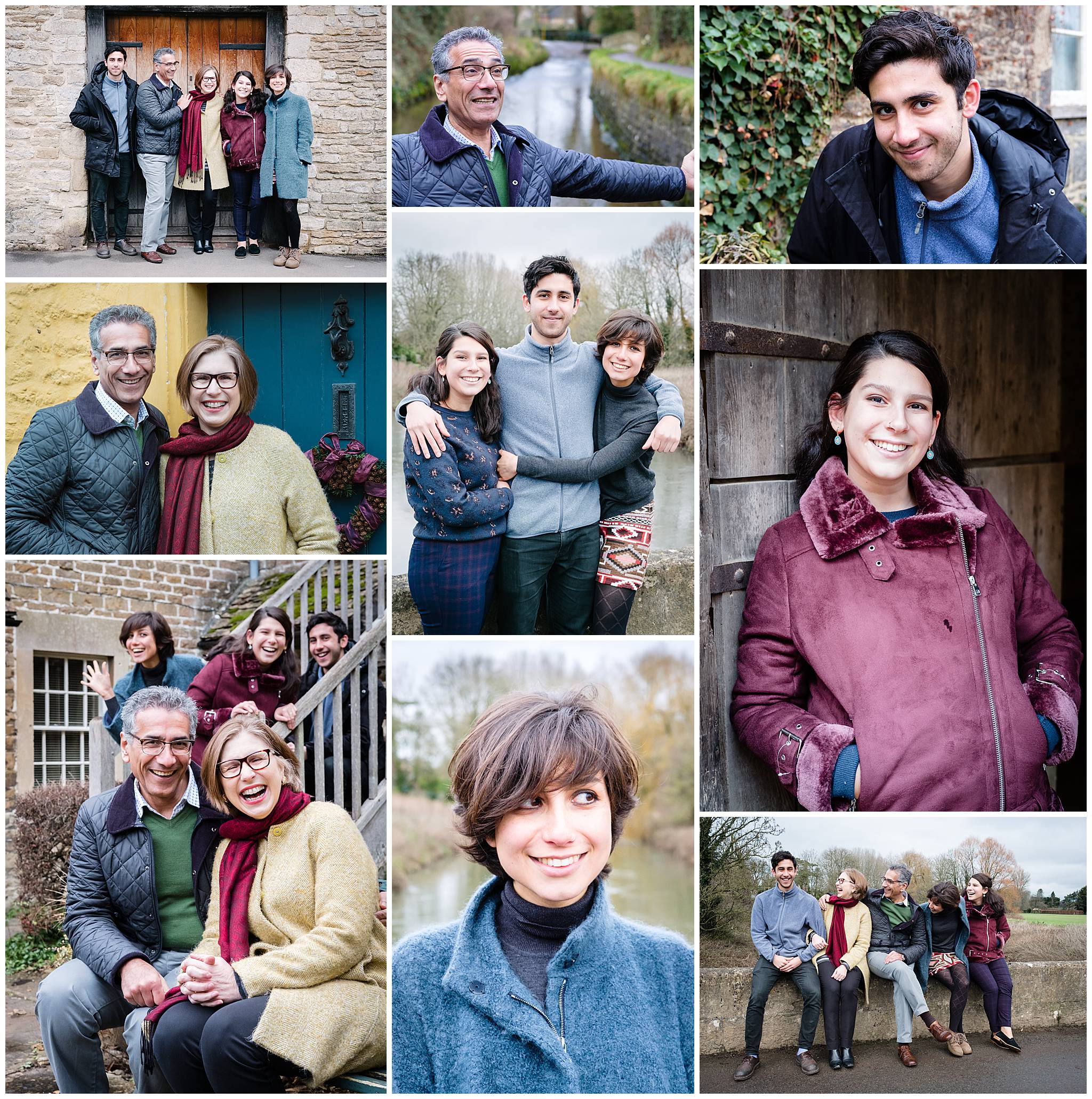 Collage of a Christmas family photo session in the National Trust village of Lacock