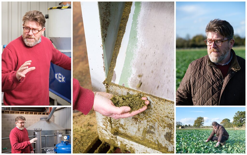 Composite image of Tim Fussel in the rapeseed fields and the oil pressing room