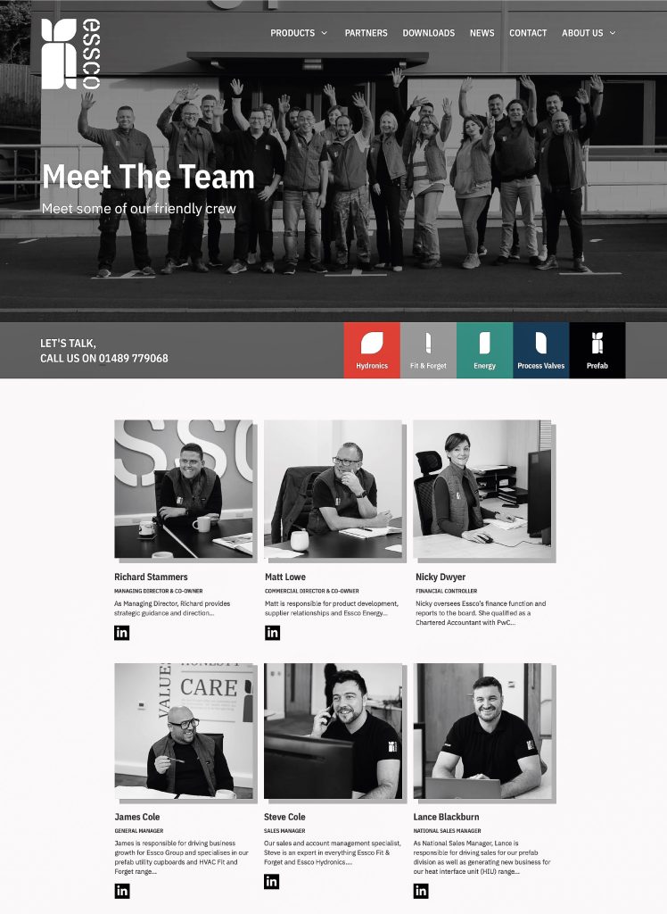 A website screenshot showing how Essco have used team photos on their website