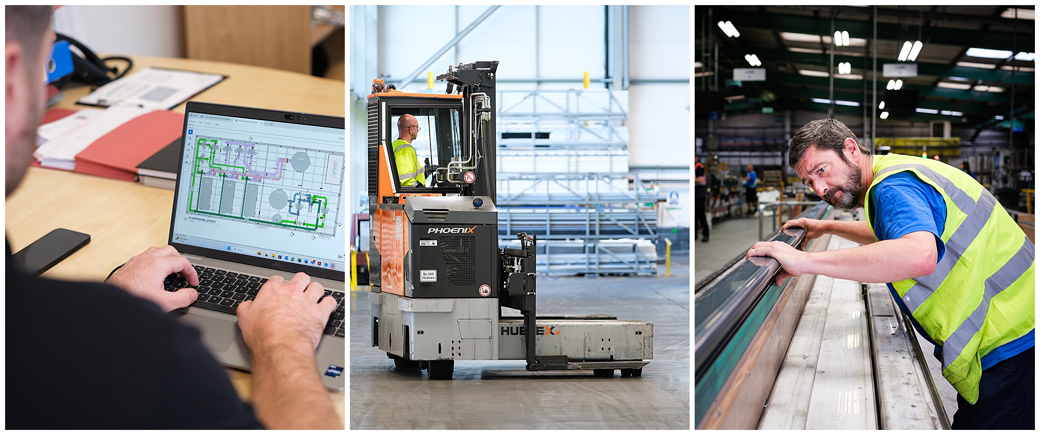Three image montage of manufacturing photography showing an engineer creating a design plan on a lap top, a forklift driver in his cab in a large warehouse and a line manager inspecting product on the production line.