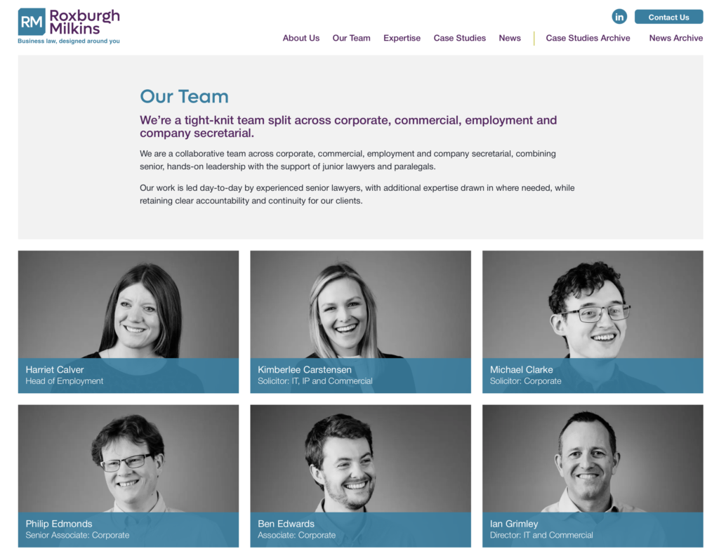 A screen shot from the Roxburgh Milkins website showing relaxed black and white team headshots