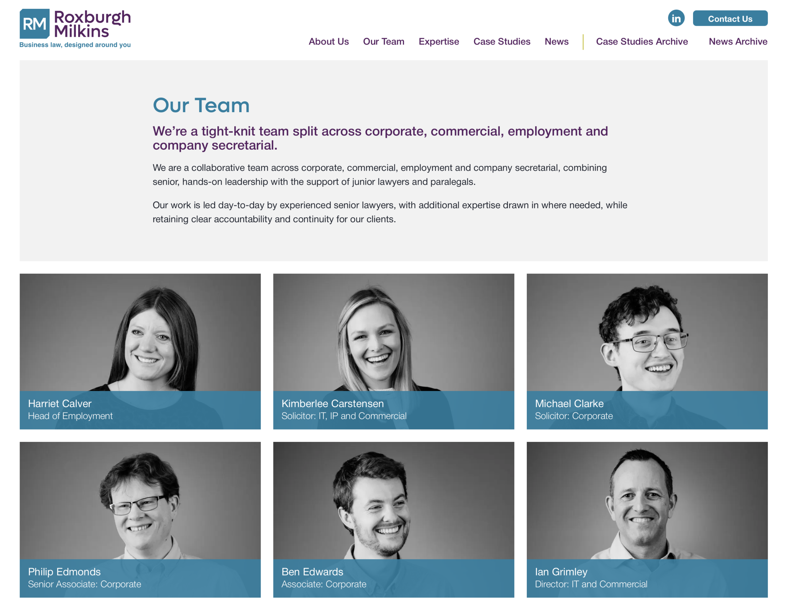 A screen shot from the Roxburgh Milkins website showing relaxed black and white team headshots