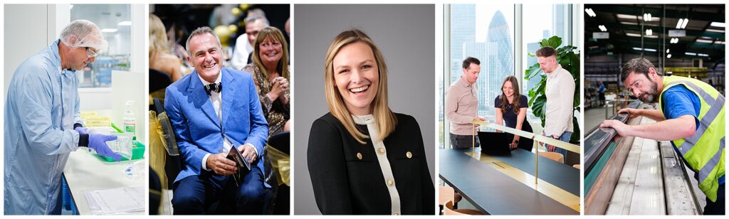 Corporate photography showing an operational pharmaceutical lab, charity fundraising event with Paul Martin, a female lawyer corporate headshot, business meeting in the city of London and a manufacturing engineer at work.