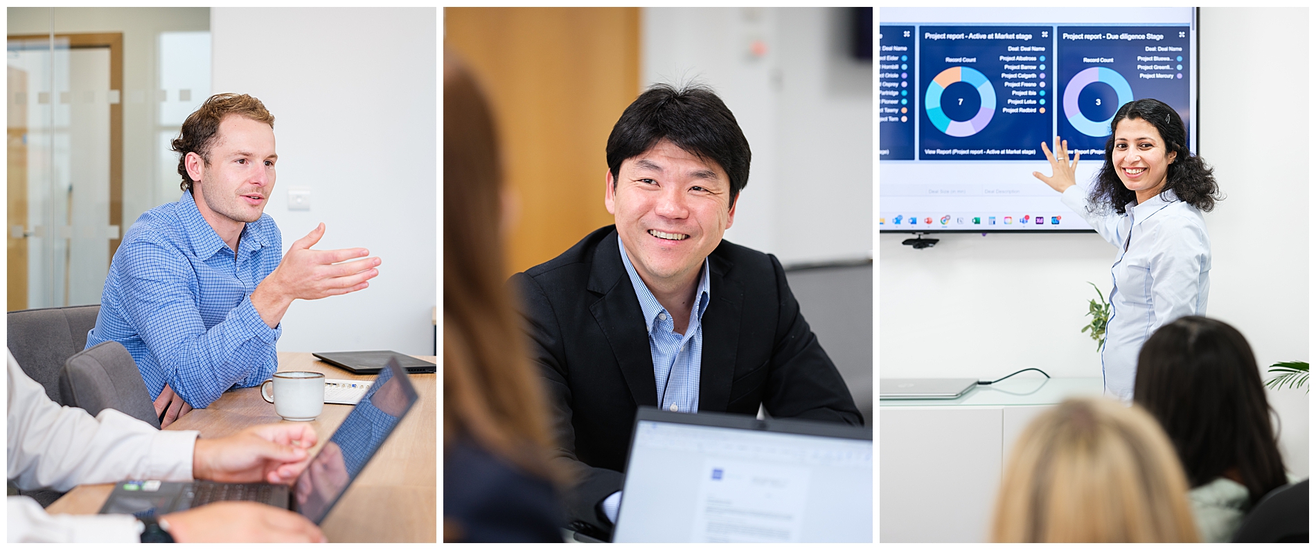 Three professional services images capturing businesses leaders in meetings, presenting and interacting with colleagues.