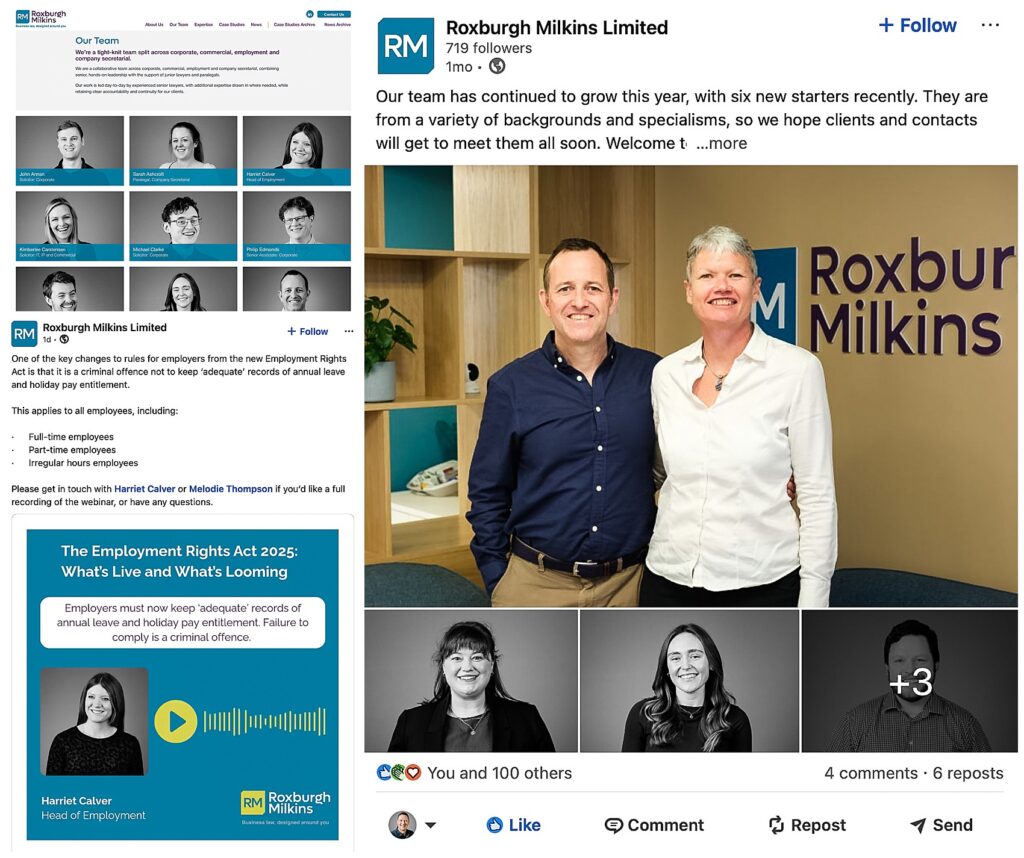 Image montage of Law firm Roxburgh Milkins photography used on their website and LinkedIn posts