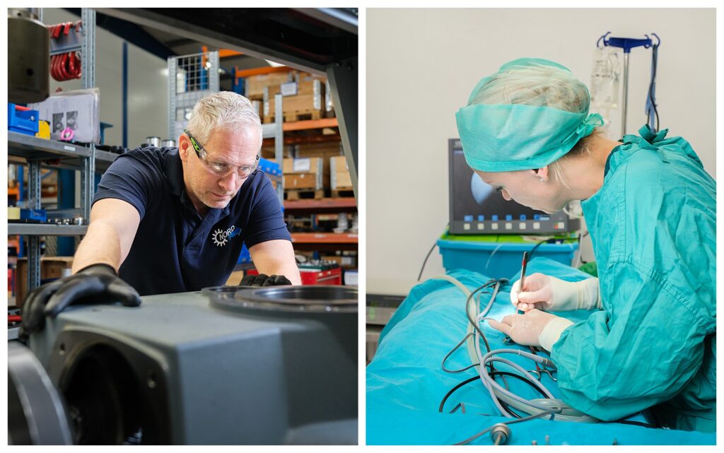 Montage of two business storytelling photos from the manufacturing and medical sectors