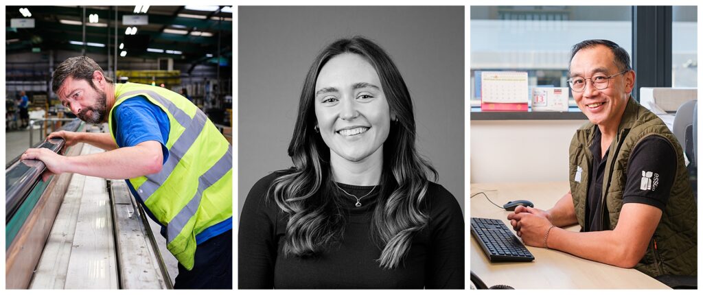 Montage of three images capturing manufacturing locations and a female lawyer headshot