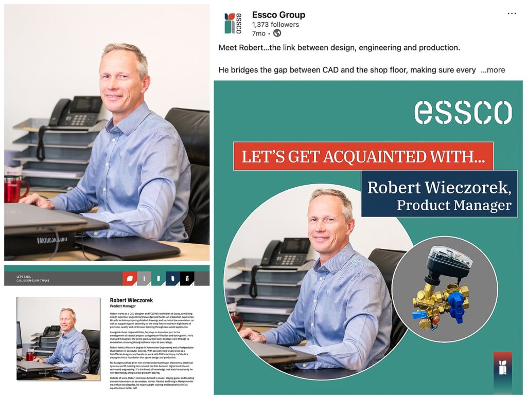 Montage showing original headshot and the same image used in a LinkedIn post and website by Essco Group