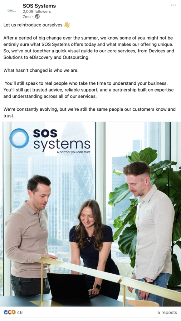 SOS Systems showcasing their team with a LinkedIn update