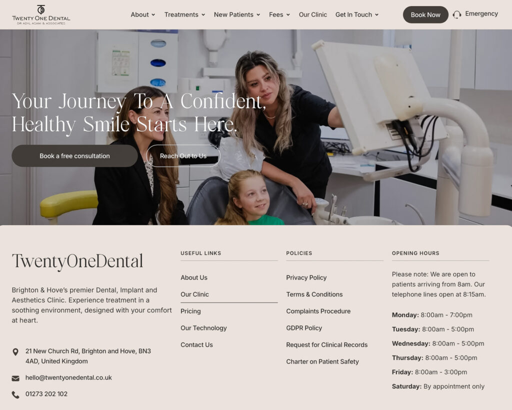 Website photography with Twenty One Dental in Brighton - image of dentist with mother and daughter in a consulting room