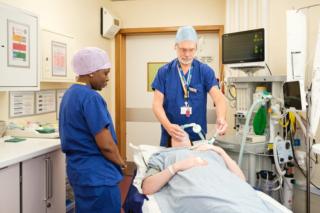 Operating theatre team preparing a patient for surgery at The New Foscote Hospital, Banbury