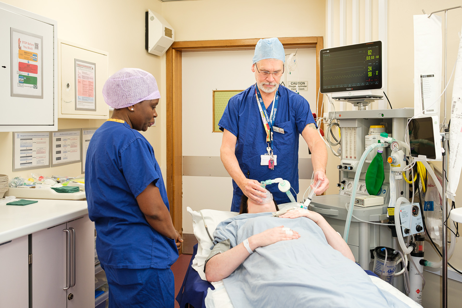 Operating theatre team preparing a patient for surgery at The New Foscote Hospital, Banbury