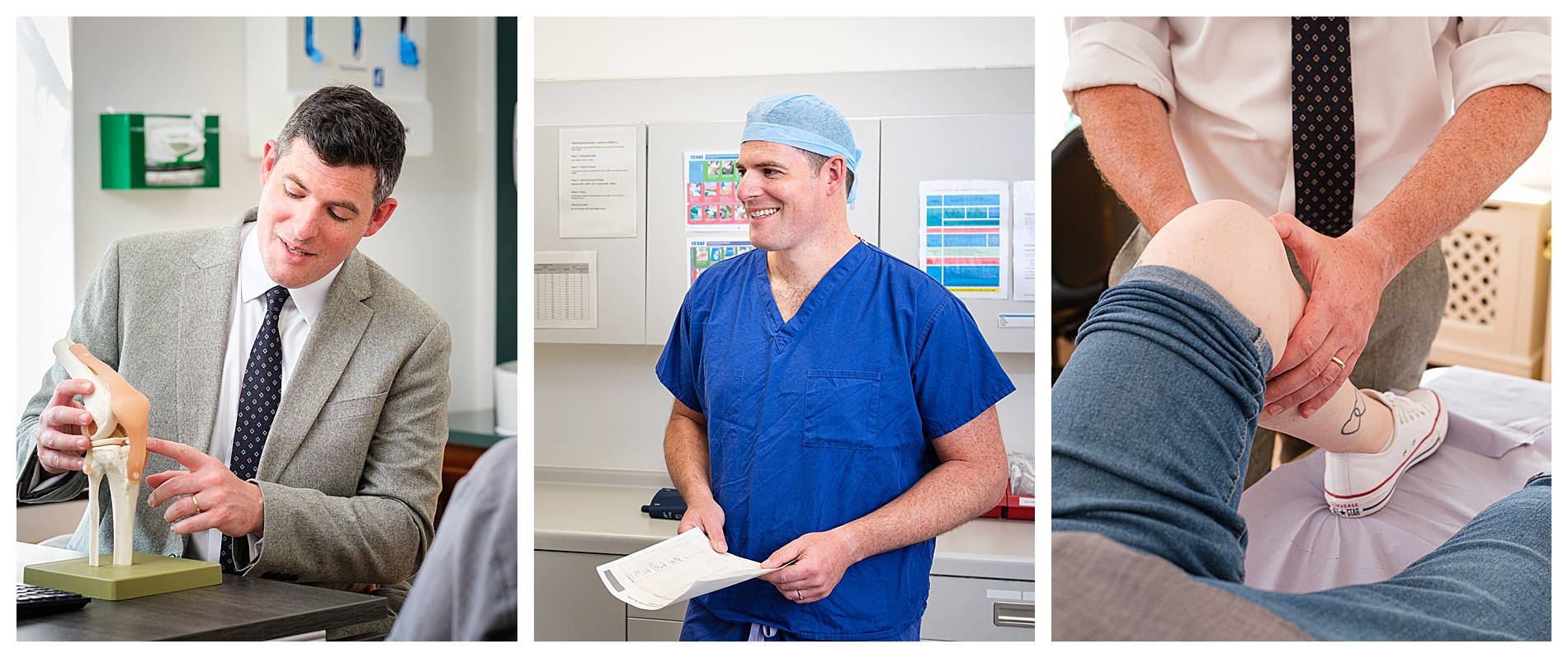 Three photographs of consultant orthopaedic surgeon James Berwin in Bath, showing a patient consultation, a portrait in surgical scrubs and a knee examination.